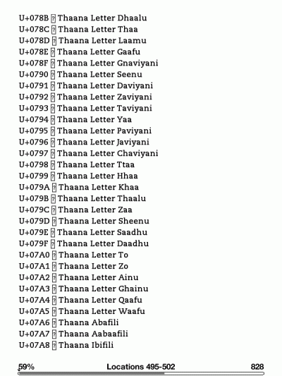 Kindle screenshot: No Thaana characters in a vanilla device